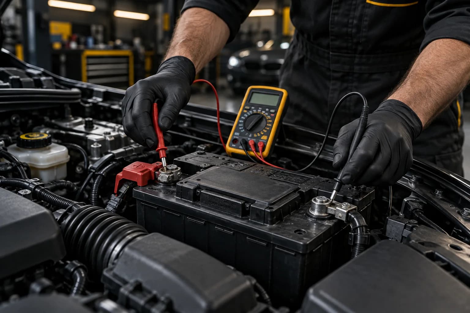 Illustration: technician testing a car battery with a multimeter