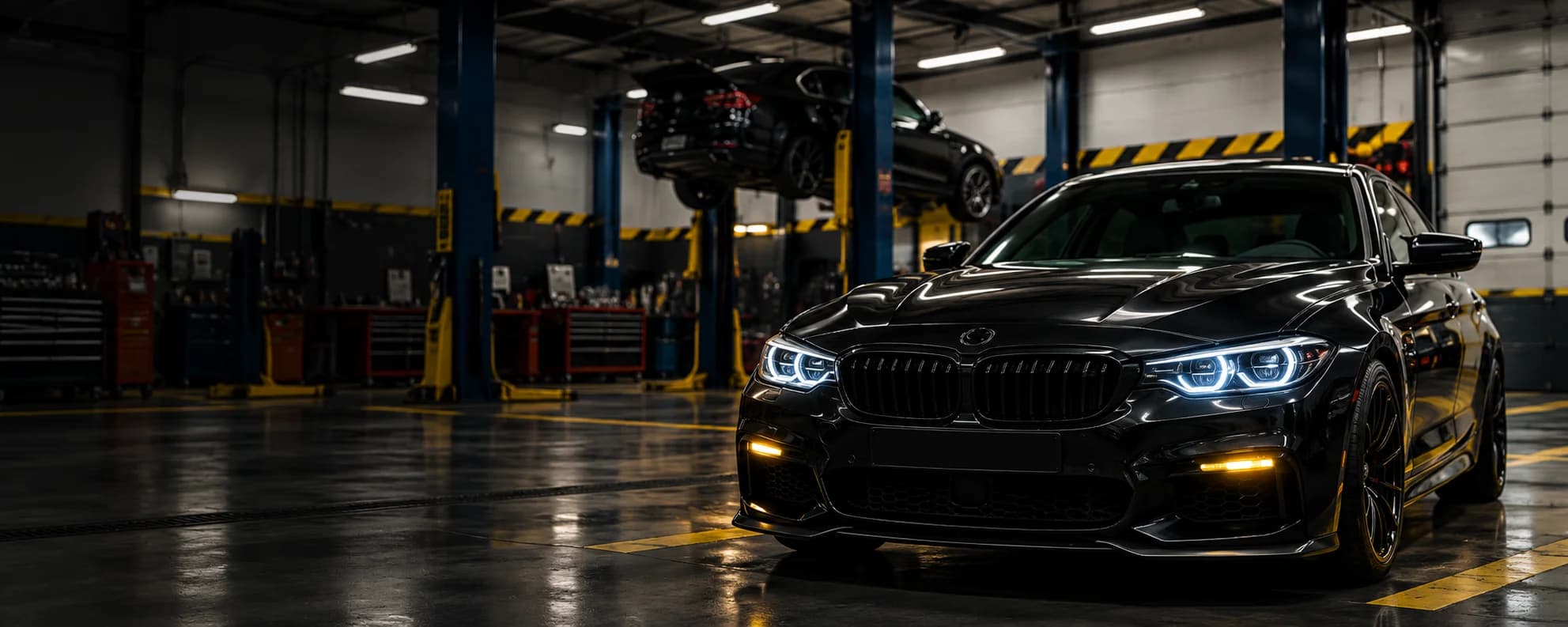 Illustration of a black sport sedan in an auto repair workshop